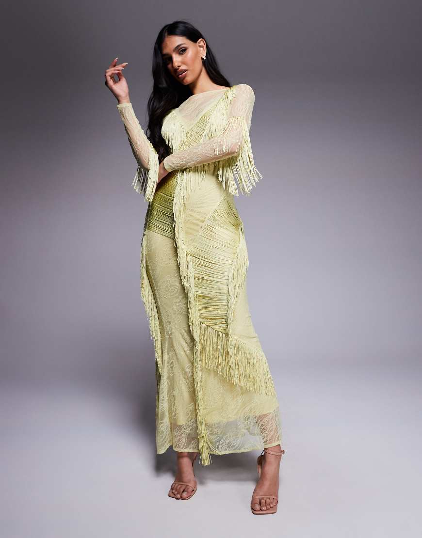 ASOS DESIGN - Maxikleid in Limette mit Rückenausschnitt, U-Boot-Ausschnitt, Spitze und Fransen-Gelb von ASOS DESIGN