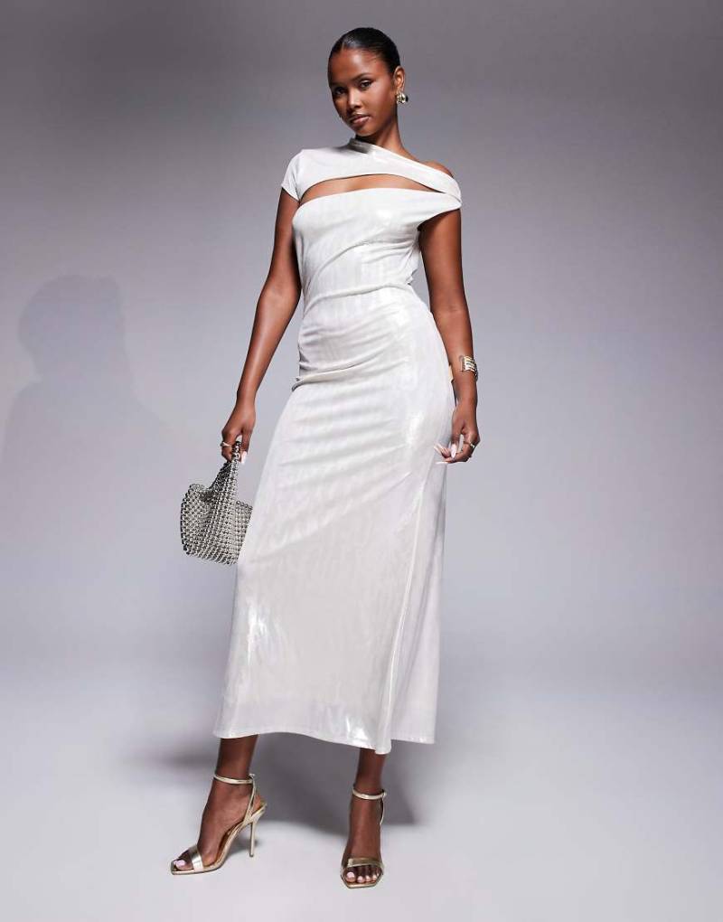 ASOS DESIGN - Maxikleid in Metallic-Nude mit asymmetrischem Overlay und einem kurzen Ärmel-Neutral von ASOS DESIGN