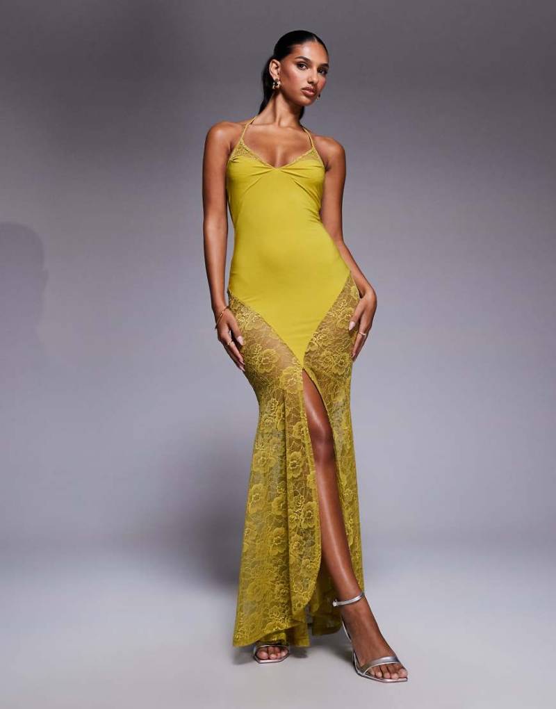 ASOS DESIGN - Maxikleid in Olivgrün mit Schwalbenschwanz-Saum aus Spitze und Riemchen-Neckholder von ASOS DESIGN