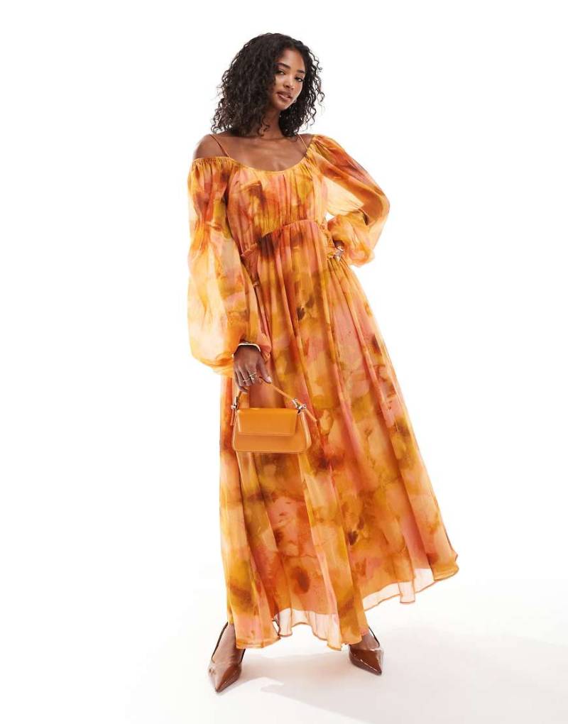 ASOS DESIGN - Maxikleid in Orange mit U-Ausschnitt, gesmoktem Tailleneinsatz und Blumenmuster-Bunt von ASOS DESIGN