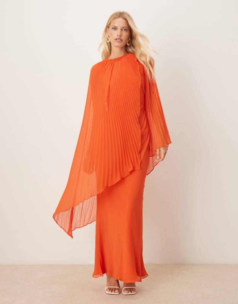 ASOS DESIGN - Maxikleid in Orange mit auffälligen Plissee-Ärmeln und Schrägschnitt von ASOS DESIGN