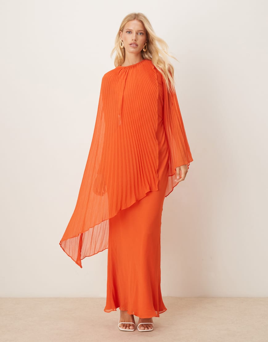 ASOS DESIGN - Maxikleid in Orange mit auffälligen Plissee-Ärmeln und Schrägschnitt von ASOS DESIGN