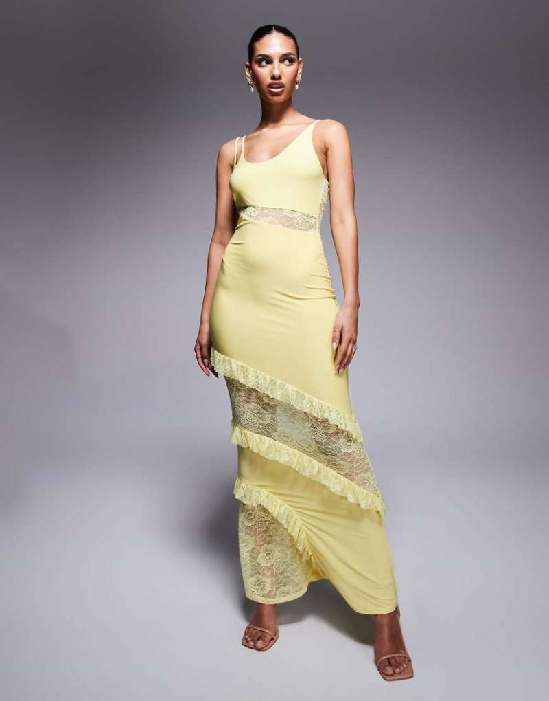 ASOS DESIGN - Maxikleid in Pastellgelb mit Camisole-trägern, Spitzeneinsatz und gerafftem Detail von ASOS DESIGN
