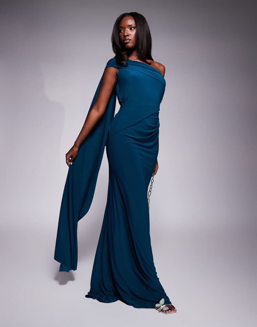 ASOS DESIGN - Maxikleid in Petrolblau mit One-Shoulder-Träger, Drapierung und Schleppe-Grün von ASOS DESIGN