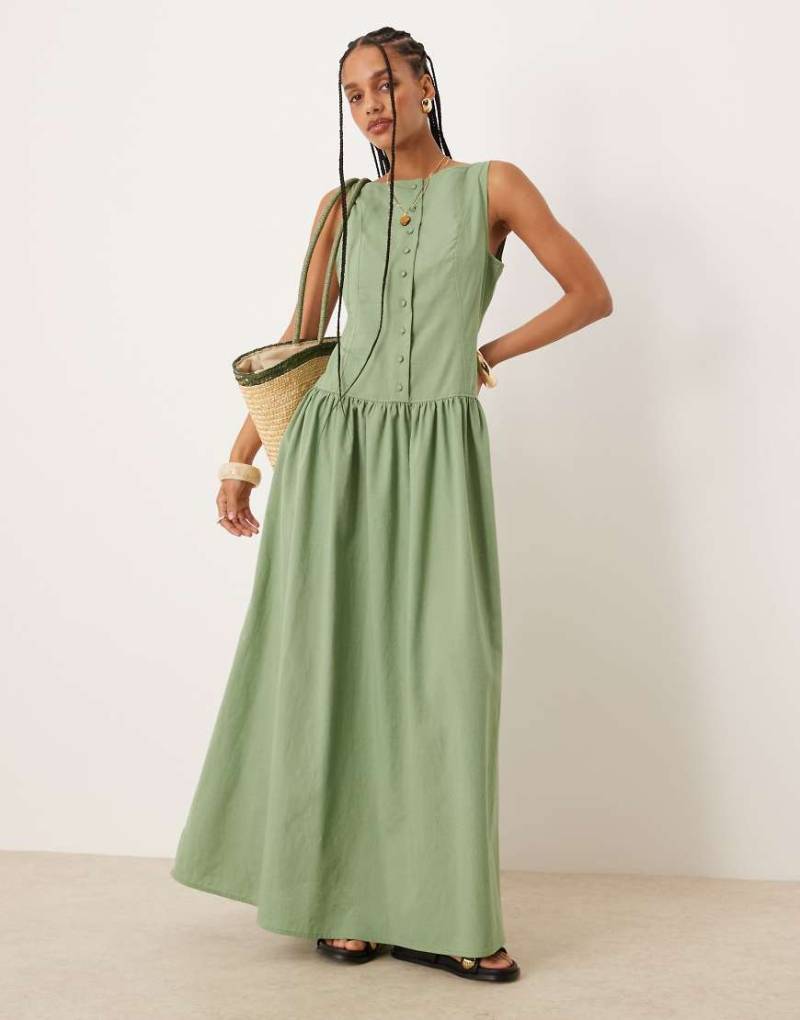 ASOS DESIGN - Maxikleid in Pistaziengrün mit tief angesetzter Taille, U-Boot-Ausschnitt und Knopfleiste von ASOS DESIGN