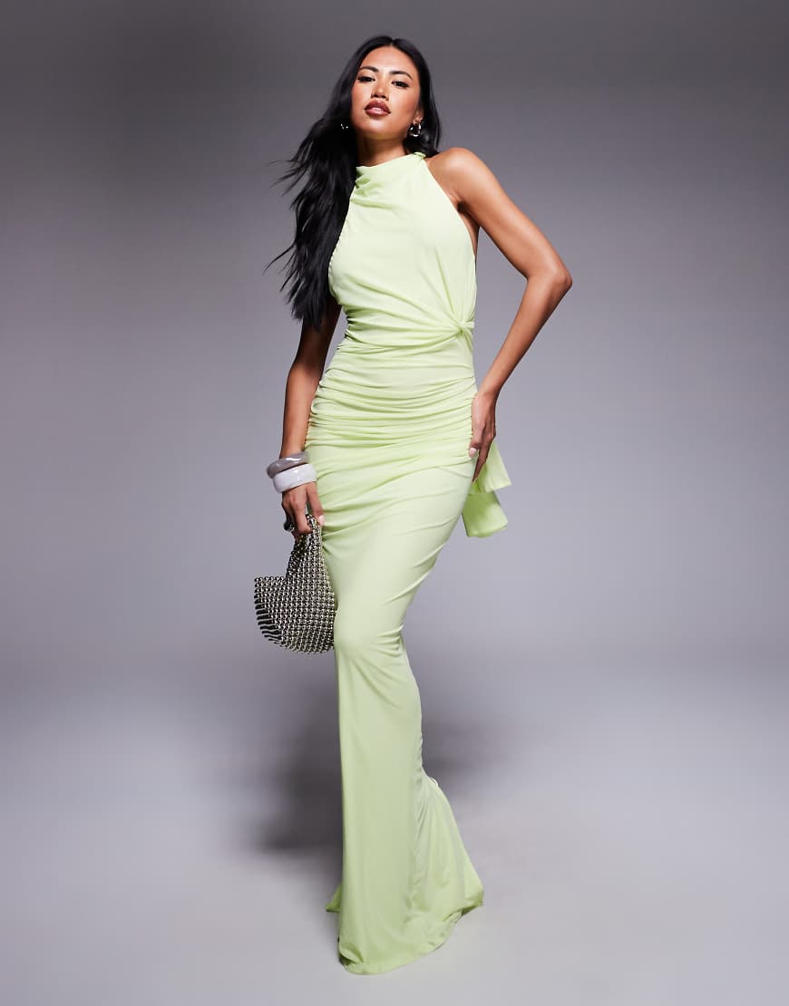 ASOS DESIGN - Maxikleid aus Netzstoff in Pistaziengrün mit verdrehter Brustpartie und hinten gebundenem Neckholder-Träger von ASOS DESIGN