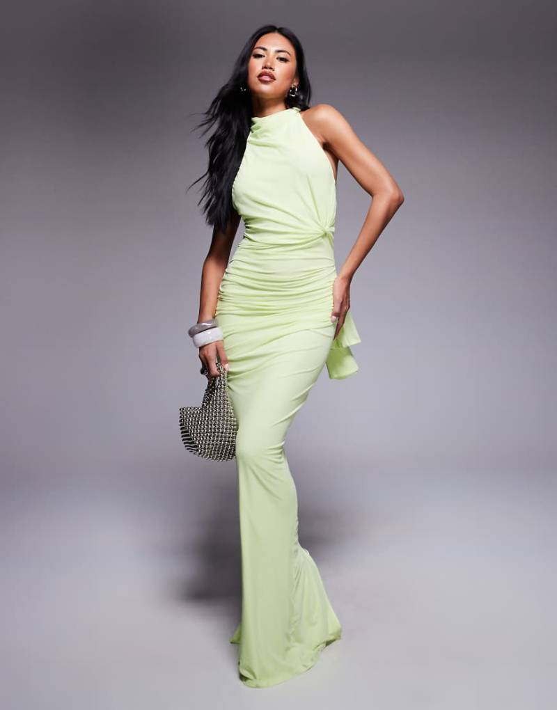 ASOS DESIGN - Maxikleid aus Netzstoff in Pistaziengrün mit verdrehter Brustpartie und hinten gebundenem Neckholder-Träger von ASOS DESIGN