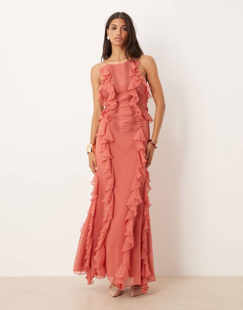 ASOS DESIGN - Maxikleid in Rosé mit Leitermuster-Details und Rüschen-Grün von ASOS DESIGN