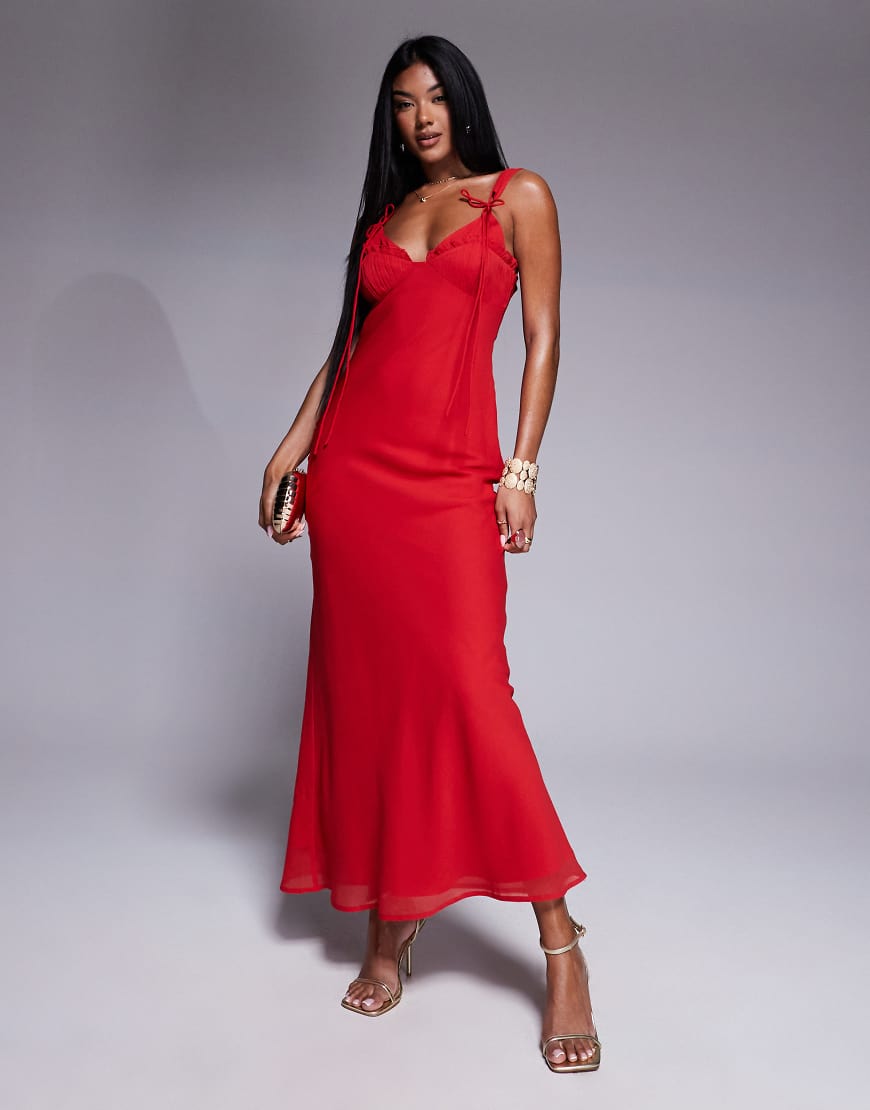 ASOS DESIGN - Maxikleid in Rot mit Bindedetail, Schrägschnitt, Rüschen und Korsettdetail ASOS DESIGN - Maxikleid in Rot mit Bindedetail, Schrägschnitt, Rüschen und Korsettdetail von ASOS DESIGN