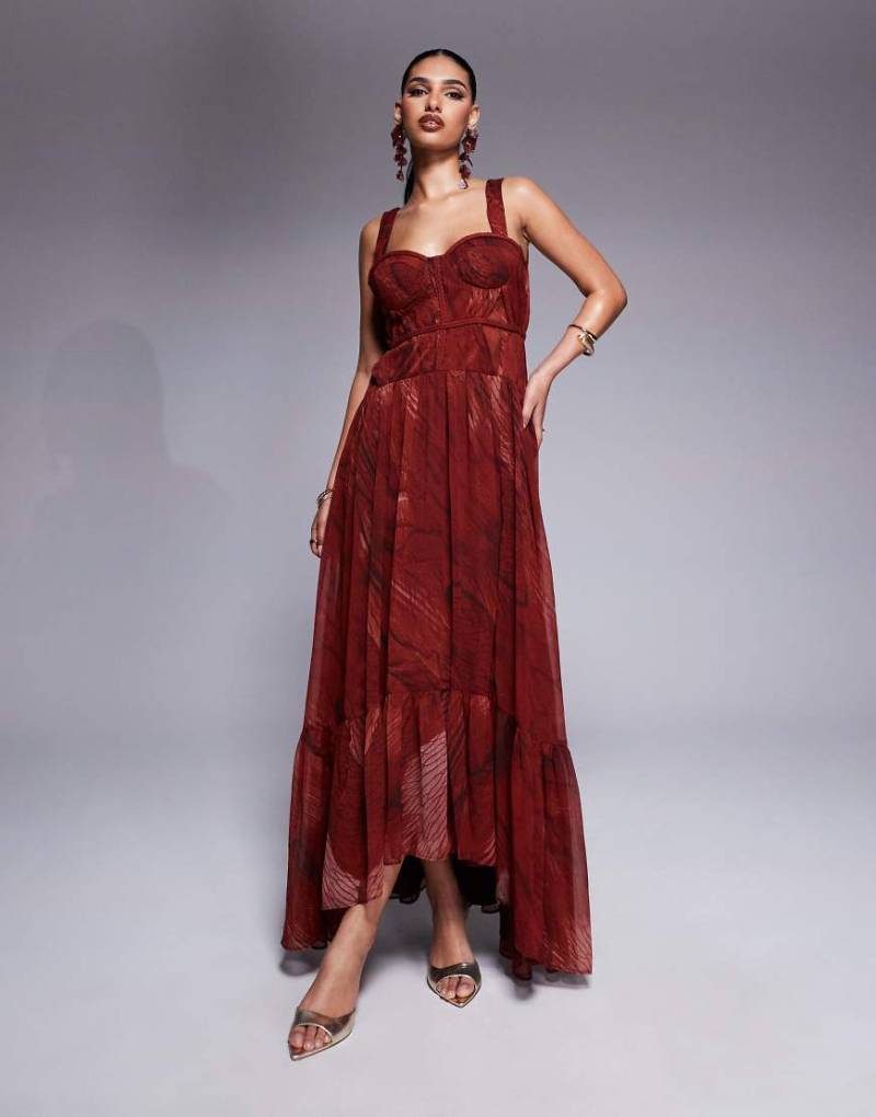ASOS DESIGN - Maxikleid in Rot mit abstraktem Muster, Flechtdetail und Oberteil mit Körbchen-Bunt von ASOS DESIGN