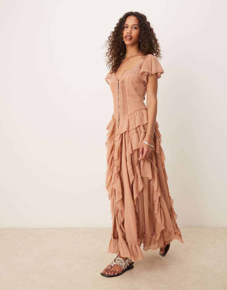 ASOS DESIGN - Maxikleid in Sand mit Knopfleiste und Rüschen-Neutral von ASOS DESIGN