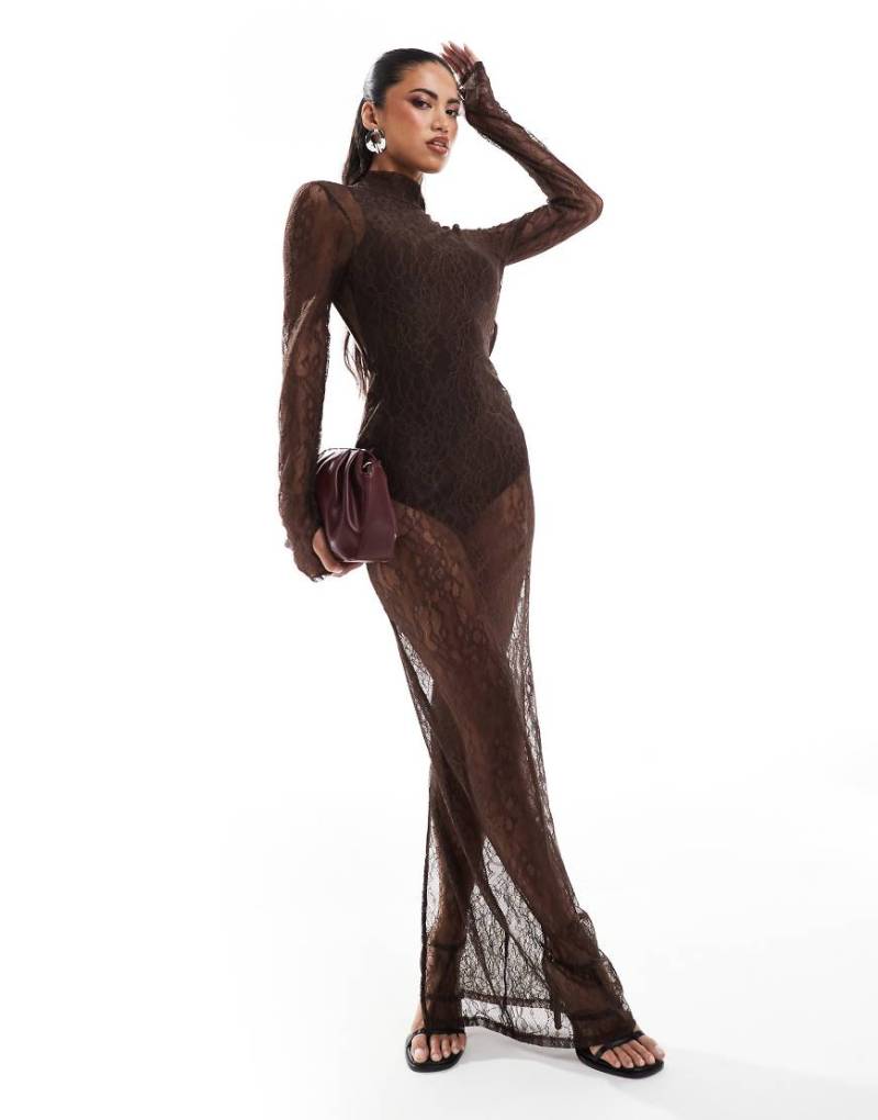 ASOS DESIGN - Maxikleid in Schokobraun mit Body und Overlay aus Spitze von ASOS DESIGN