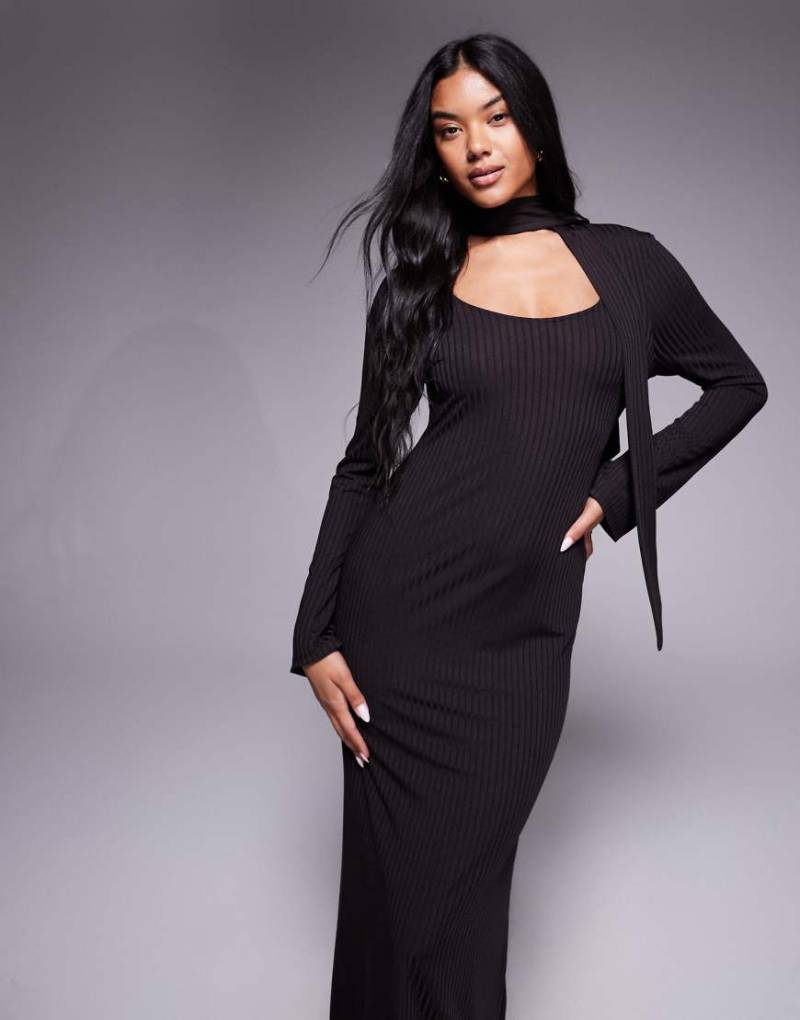 ASOS DESIGN - Maxikleid in dunklem Schokobraun mit tiefem U-Ausschnitt und Schal-Detail-Brown von ASOS DESIGN