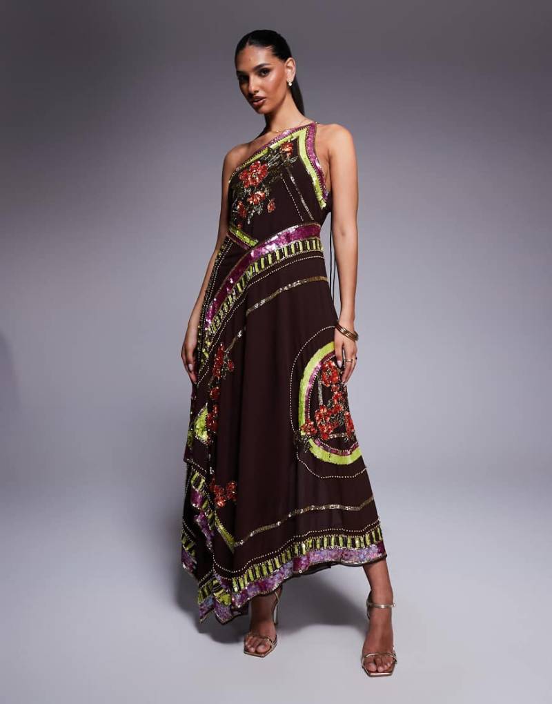 ASOS DESIGN - Maxikleid in Schokobraun mit weitem Rock und floral verzierter Schal-Optik-Schwarz von ASOS DESIGN