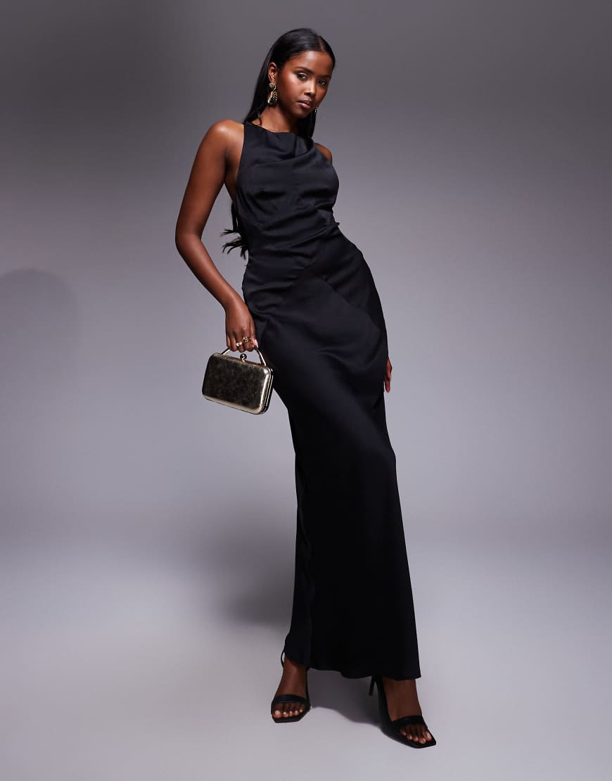 ASOS DESIGN - Maxikleid in Schwarz aus Satin-Chiffon-Mix mit Schrägschnitt, Einsätzen und gewickelter Rückseite von ASOS DESIGN