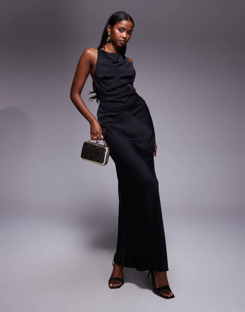 ASOS DESIGN - Maxikleid in Schwarz aus Satin-Chiffon-Mix mit Schrägschnitt, Einsätzen und gewickelter Rückseite von ASOS DESIGN