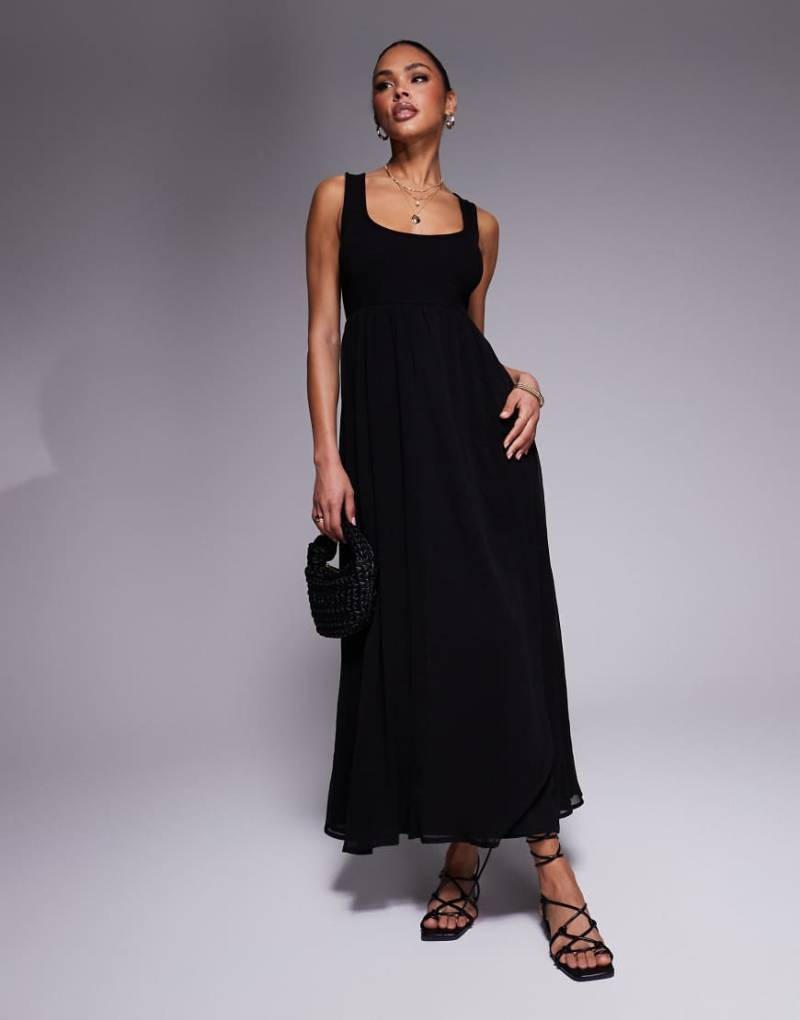 ASOS DESIGN - Maxikleid in Schwarz mit Chiffonrock und fein gerippter Brustpartie von ASOS DESIGN
