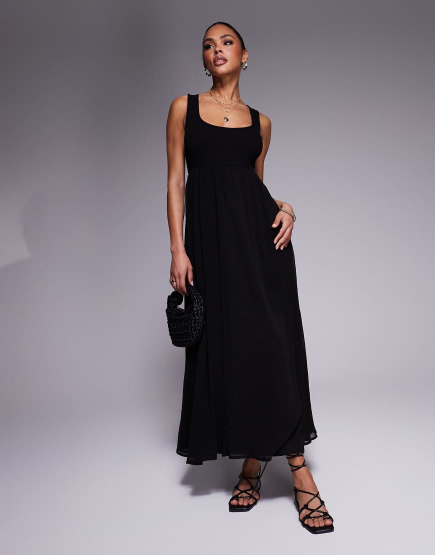 ASOS DESIGN - Maxikleid in Schwarz mit Chiffonrock und fein gerippter Brustpartie von ASOS DESIGN