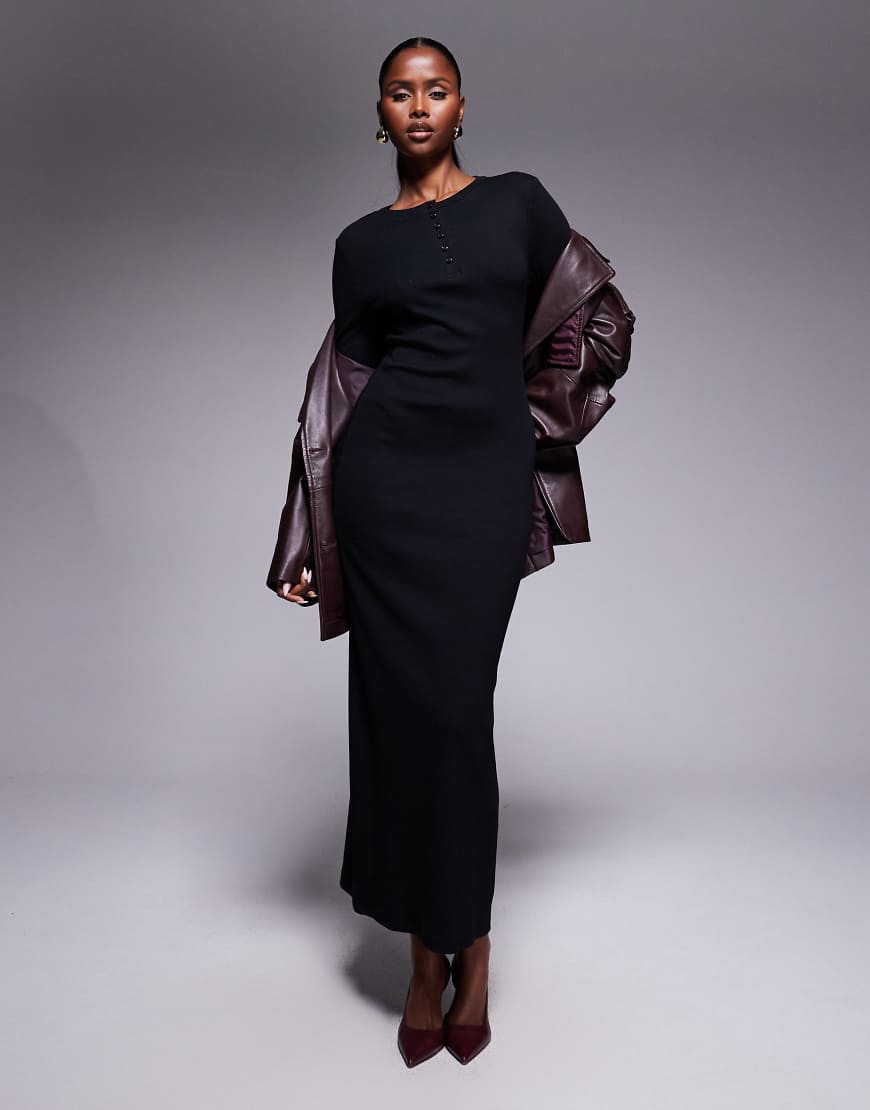 ASOS DESIGN - Maxikleid in Schwarz mit Henley-Ausschnitt von ASOS DESIGN