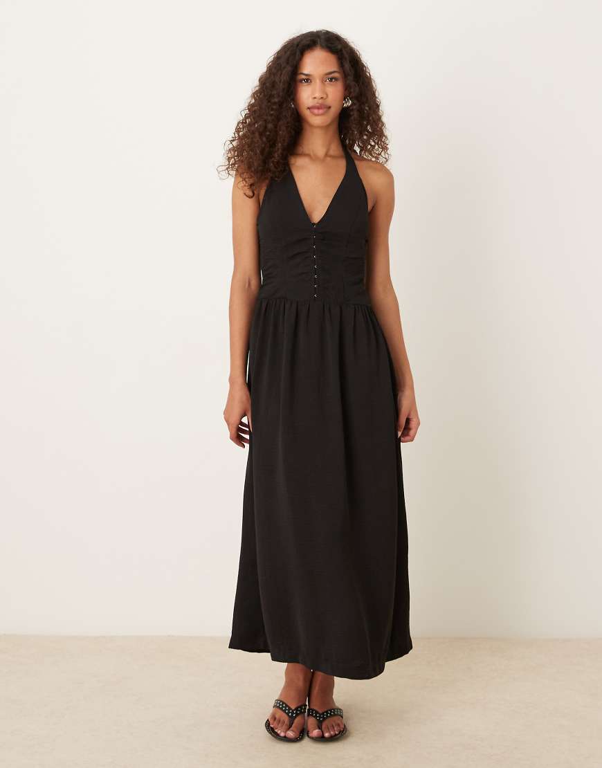 ASOS DESIGN - Maxikleid in Schwarz mit Neckholder und Oberteil mit Korsett-Design ASOS DESIGN - Maxikleid in Schwarz mit Neckholder und Oberteil mit Korsett-Design von ASOS DESIGN