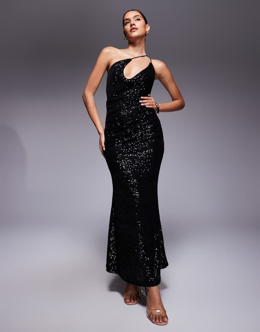 ASOS DESIGN - Maxikleid in Schwarz mit One-Shoulder-Träger, Riemchendesign, Wasserfallausschnitt und Paillettenbesatz von ASOS DESIGN