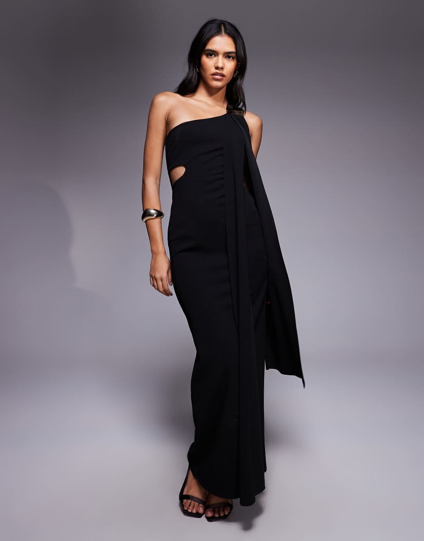ASOS DESIGN - Maxikleid in Schwarz mit One-Shoulder-Träger, Zierausschnitt und Besatz in gehämmerter Optik von ASOS DESIGN
