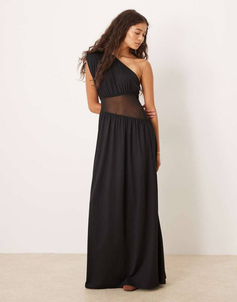 ASOS DESIGN - Maxikleid in Schwarz mit One-Shoulder-Träger und Netzstoffeinsatz von ASOS DESIGN