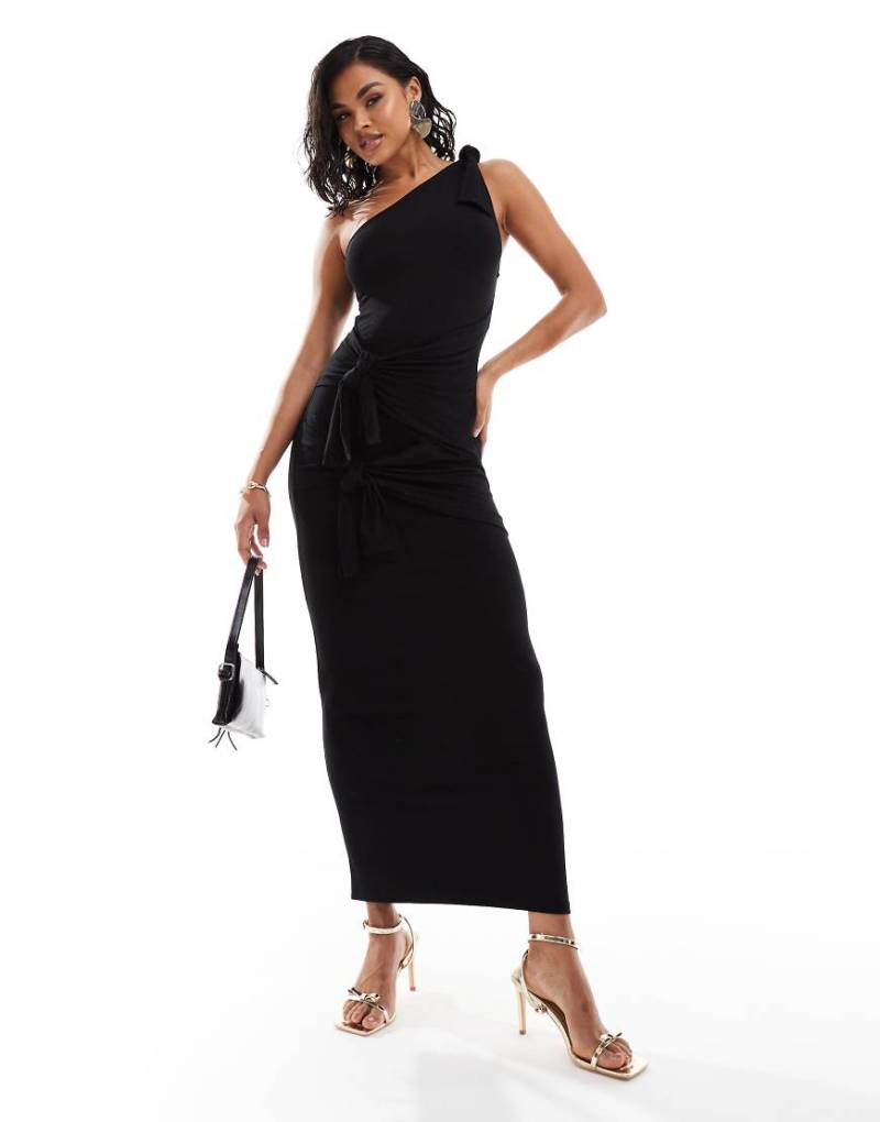ASOS DESIGN - Maxikleid in Schwarz mit One-Shoulder-Träger und mehreren Zierknoten von ASOS DESIGN