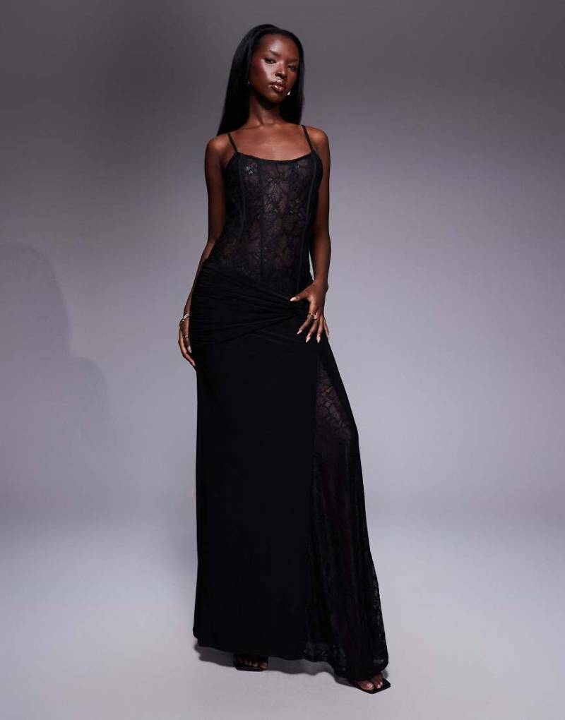 ASOS DESIGN - Maxikleid in Schwarz mit Spitzen-Korsett und weitem Rock aus Bahnen von ASOS DESIGN