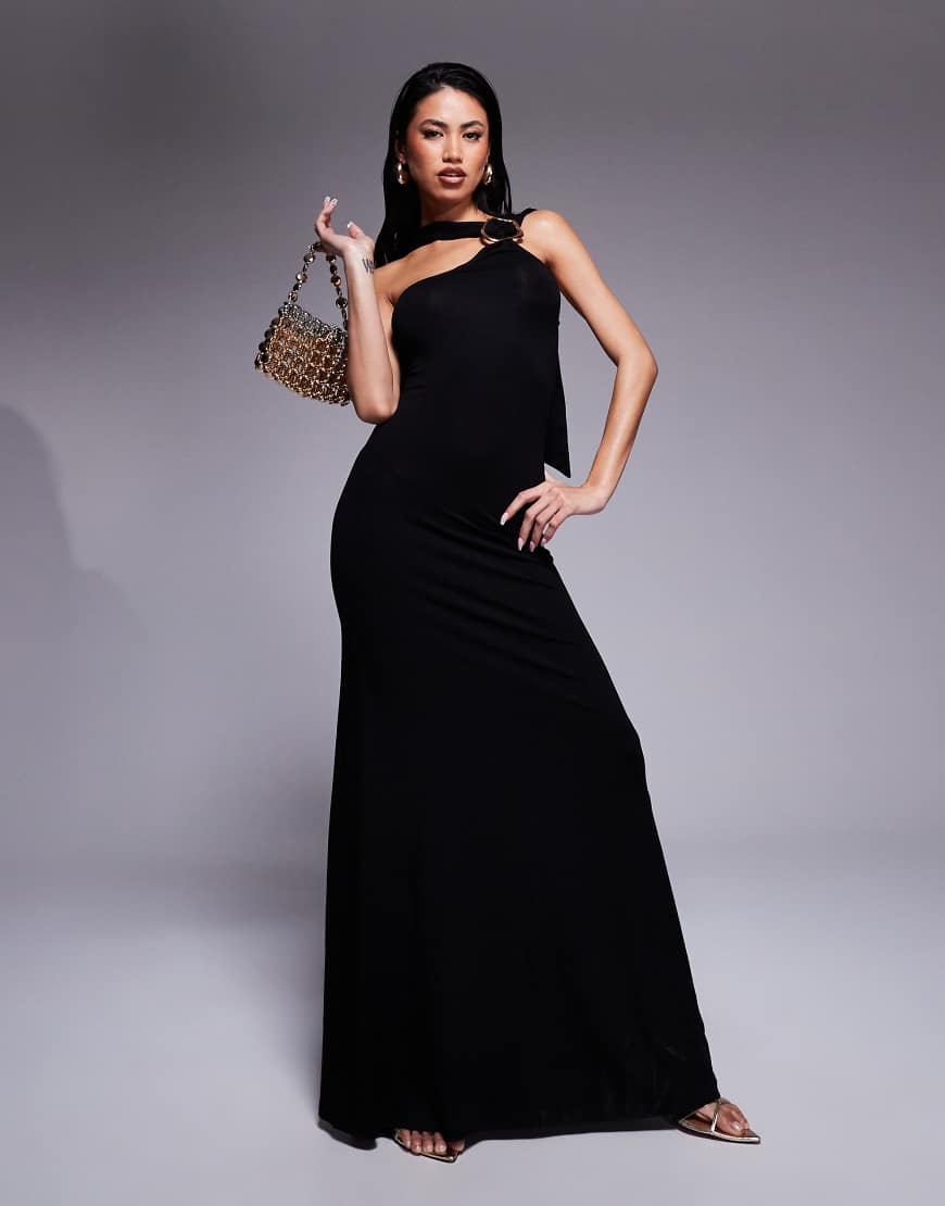 ASOS DESIGN - Maxikleid in Schwarz mit asymmetrischem Ausschnitt und übergroßem Besatz in Gold von ASOS DESIGN