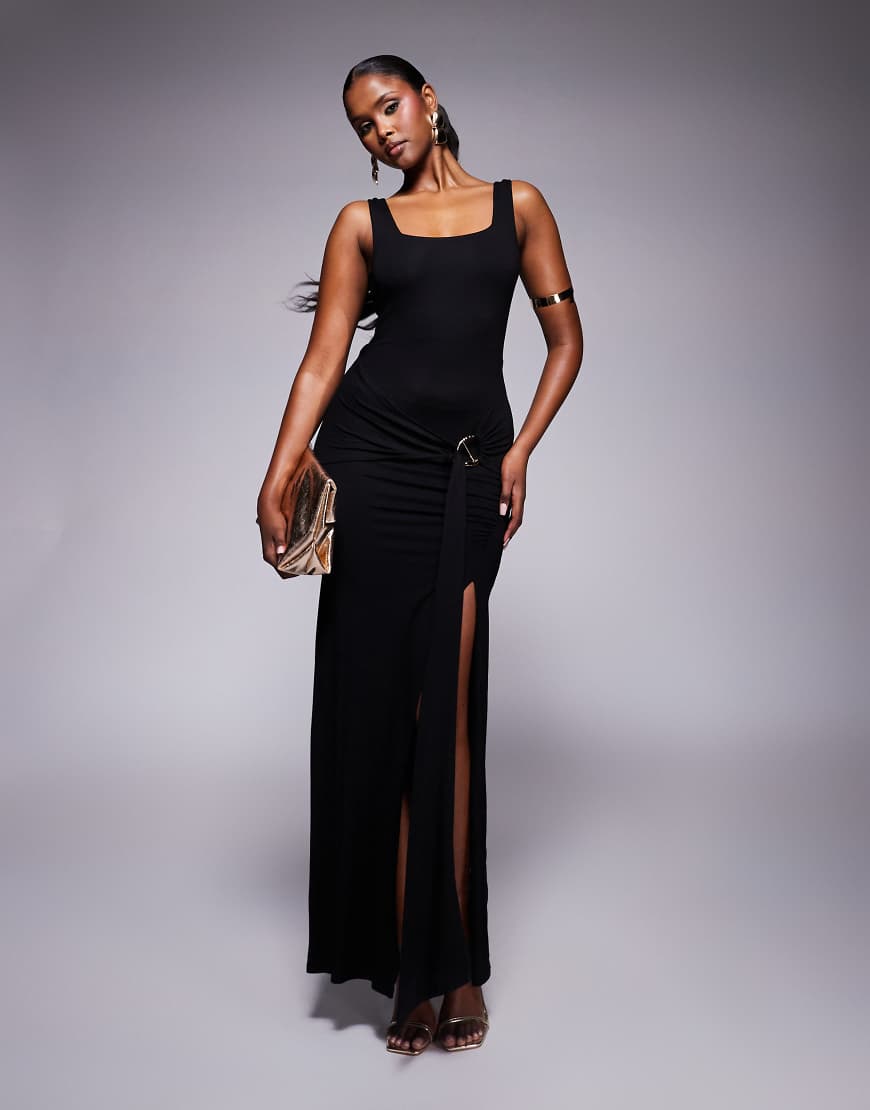 ASOS DESIGN - Maxikleid in Schwarz mit eckigem Ausschnitt, Metallbesatz und Bindedetail in der Taille ASOS DESIGN - Maxikleid in Schwarz mit eckigem Ausschnitt, Metallbesatz und Bindedetail in der Taille von ASOS DESIGN