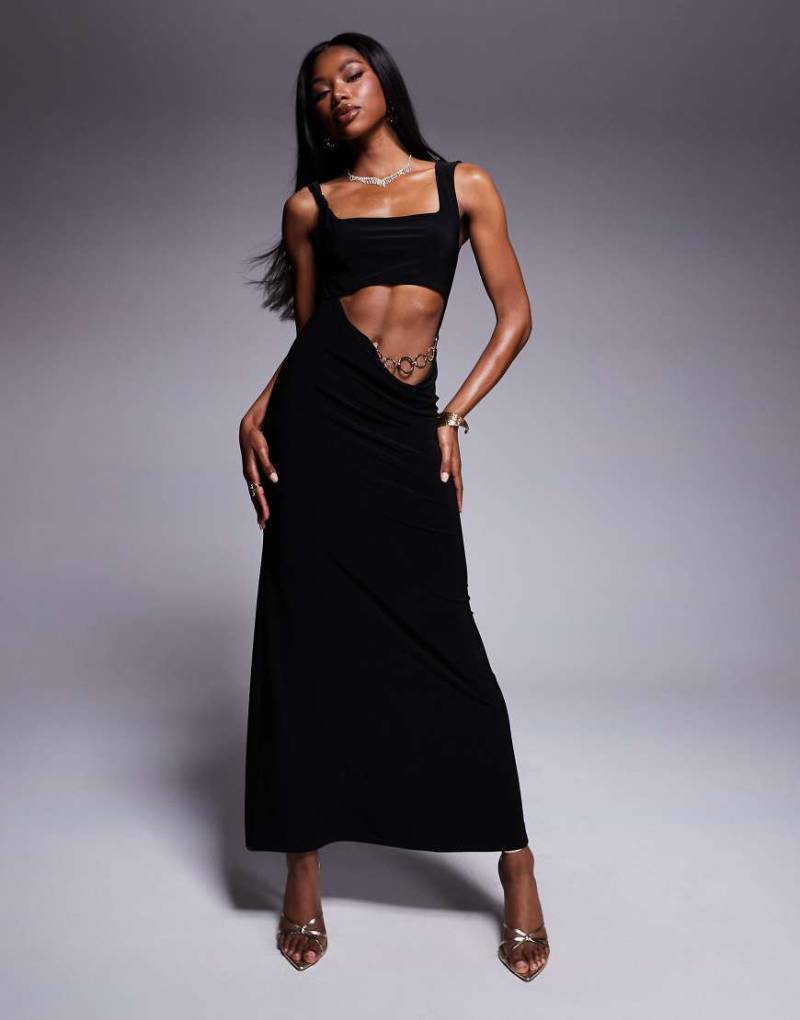 ASOS DESIGN - Maxikleid in Schwarz mit eckigem Ausschnitt, Wasserfall-Cut-out und Taillenkette im 90er-Stil von ASOS DESIGN