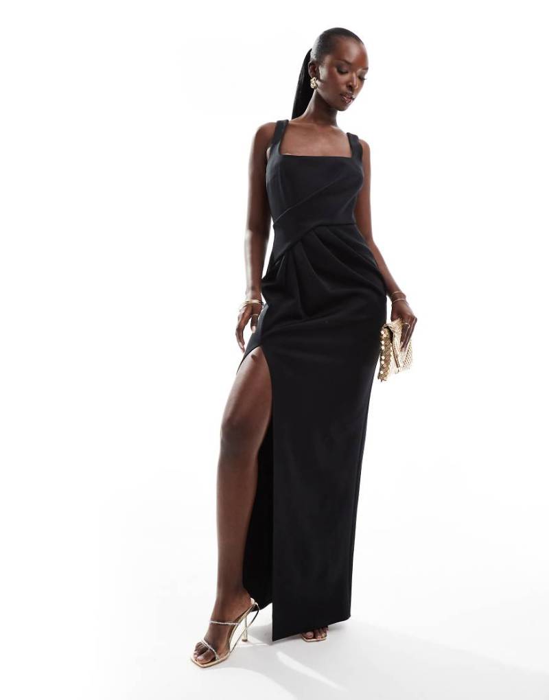 ASOS DESIGN - Maxikleid in Schwarz mit eckigem Ausschnitt und Faltendetail von ASOS DESIGN