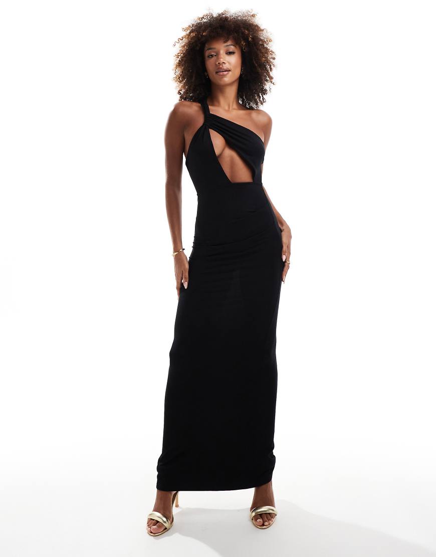 ASOS DESIGN - Maxikleid in Schwarz mit geknotetem One-Shoulder-Träger und Zierausschnitt vorne von ASOS DESIGN