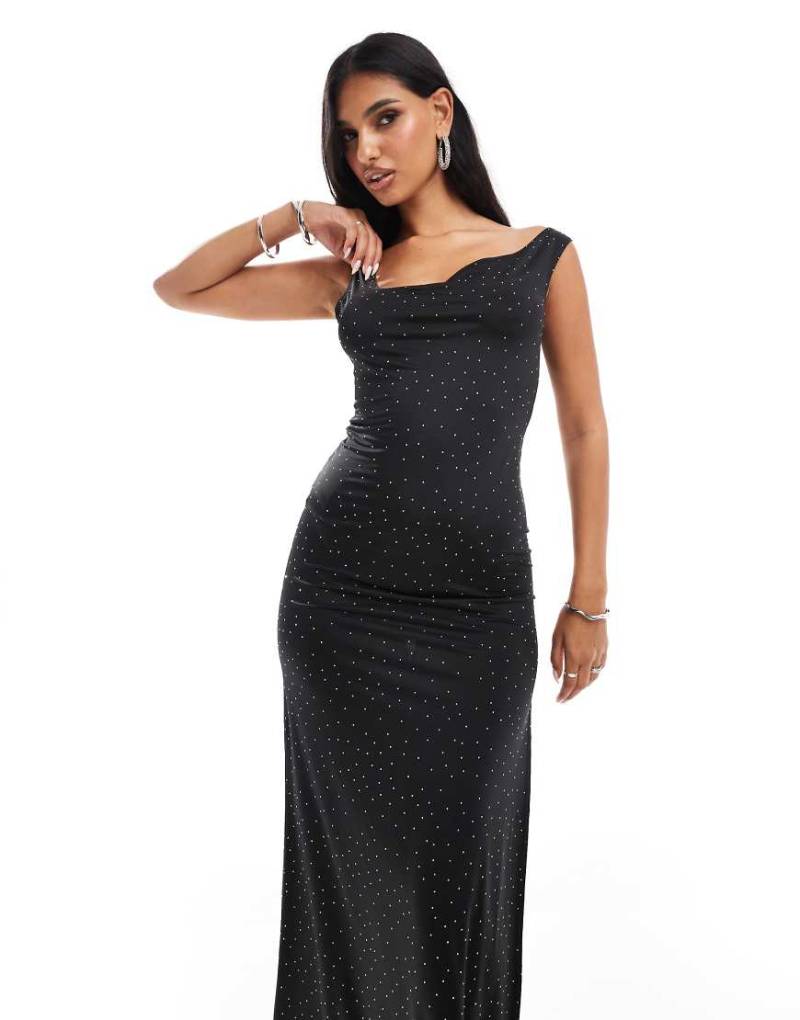 ASOS DESIGN - Maxikleid in Schwarz mit glitzernder Hotfix-Verzierung und asymmetrischem Ausschnitt von ASOS DESIGN