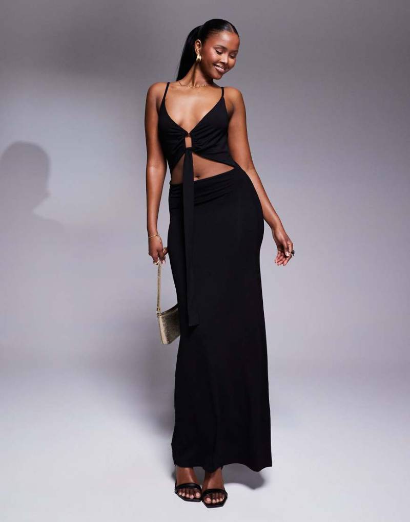 ASOS DESIGN - Maxikleid in Schwarz mit tiefem Ausschnitt, gerafftem Detail und Cut-out-Design von ASOS DESIGN
