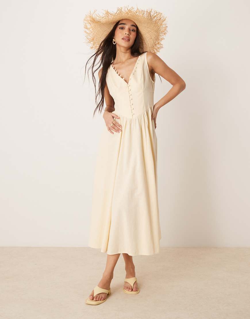ASOS DESIGN - Maxikleid in Steingrau mit V-Ausschnitt, Knopfleiste und tiefer Taille-Neutral von ASOS DESIGN