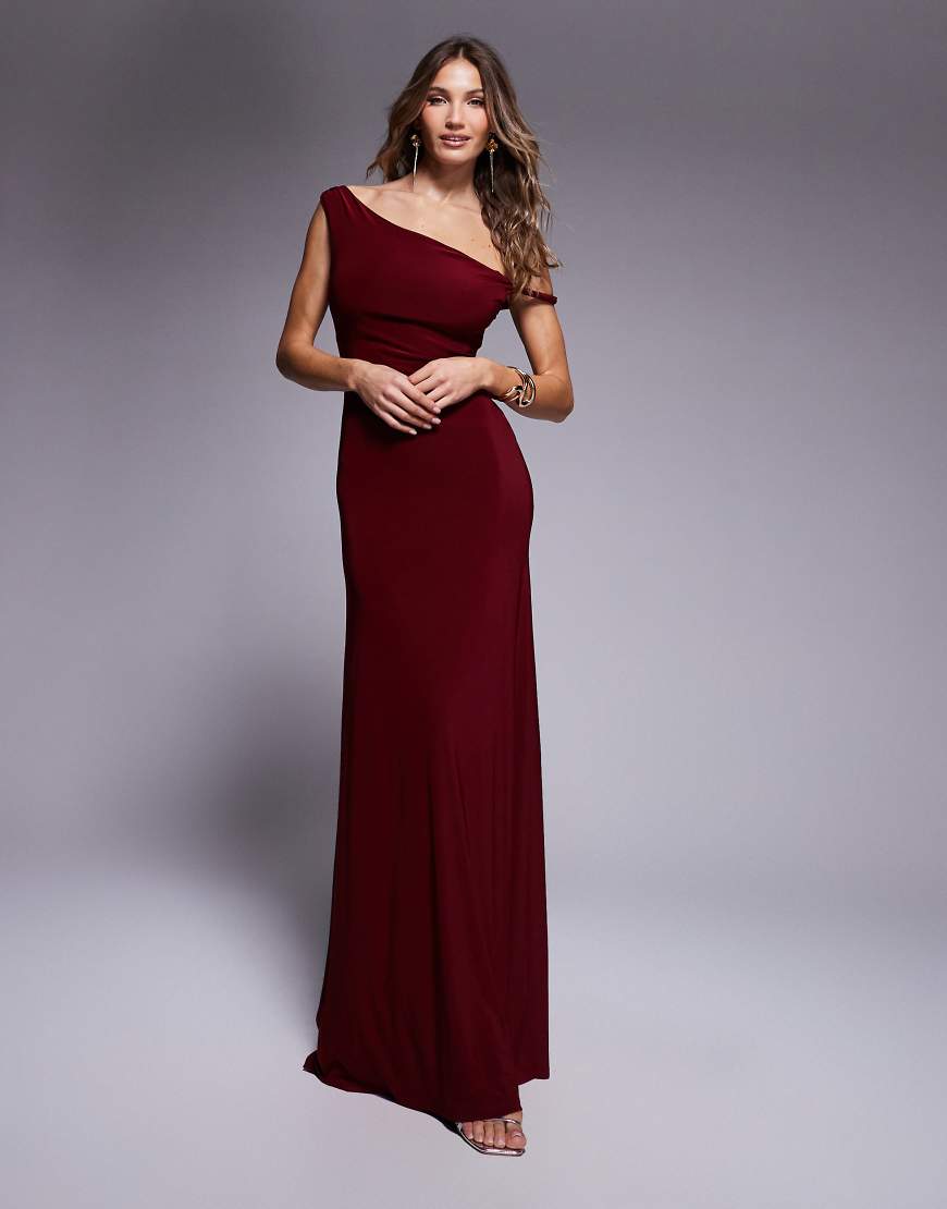 ASOS DESIGN - Maxikleid in Weinrot mit verdrehter Schulterpartie und Schnürung hinten von ASOS DESIGN
