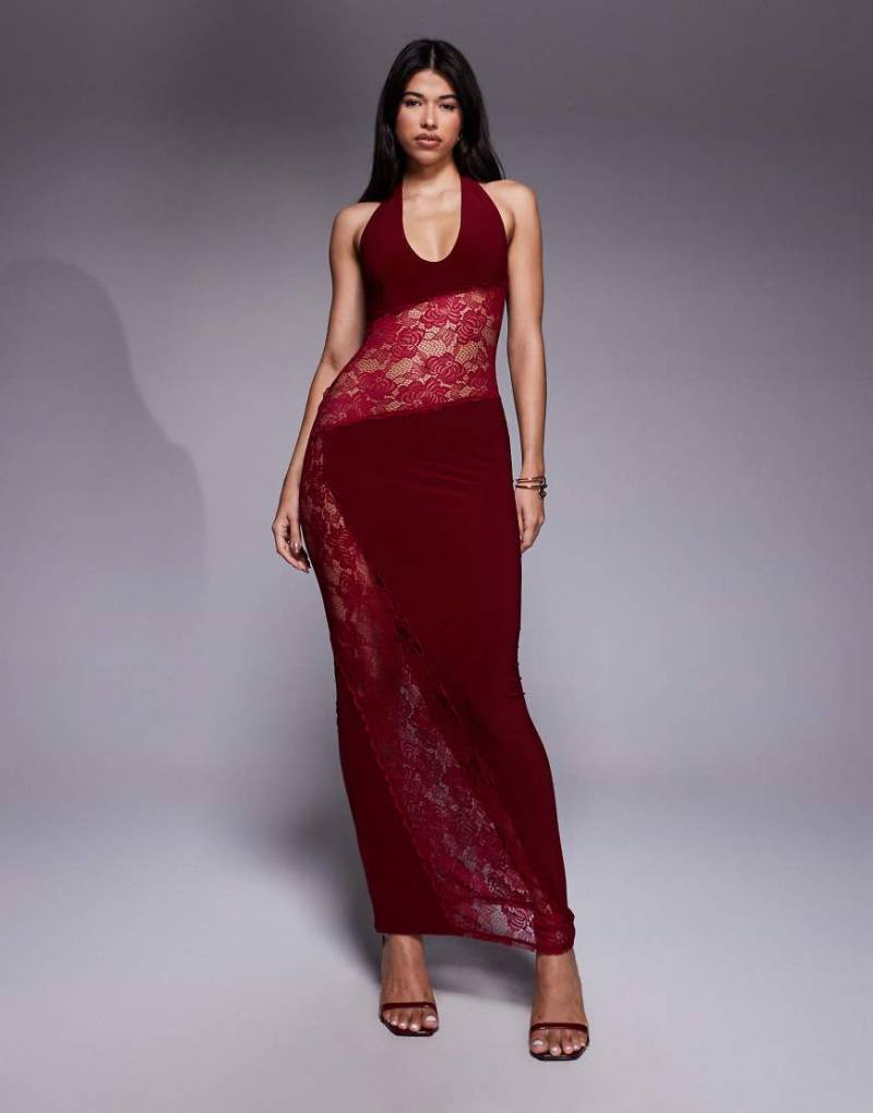 ASOS DESIGN - Maxikleid in dunklem Kirschrot mit Einsätzen aus Spitze und U-Ausschnitt von ASOS DESIGN