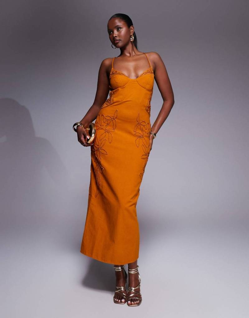 ASOS DESIGN - Maxikleid in kräftigem Gold mit Blumenstickerei und Korsettdetail-Goldfarben von ASOS DESIGN
