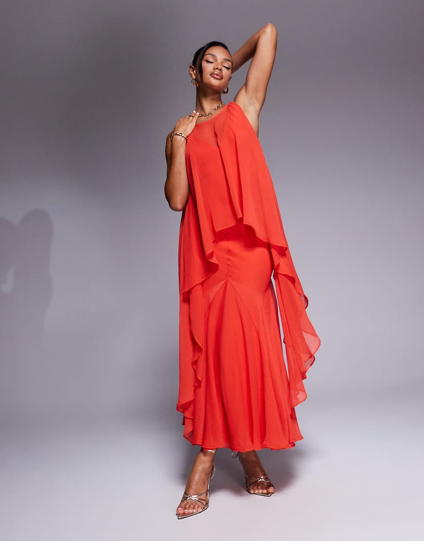 ASOS DESIGN - Maxikleid in leuchtendem Rot mit tiefem Ausschnitt, Schrägschnitt, Godet-Rock und Chiffon-Overlay ASOS DESIGN - Maxikleid in leuchtendem Rot mit tiefem Ausschnitt, Schrägschnitt, Godet-Rock und Chiffon-Overlay von ASOS DESIGN
