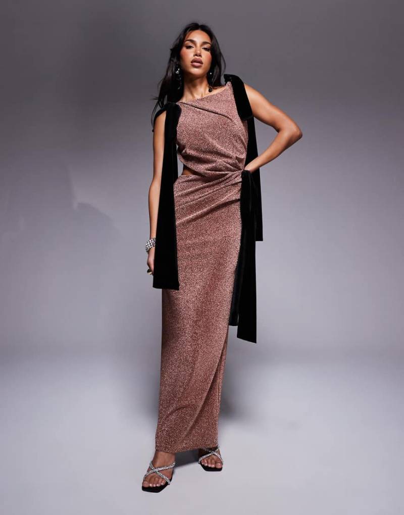 ASOS DESIGN - Maxikleid in schimmerndem Bronze mit eckigem Ausschnitt und Oversize-Samtschleifen-Neutral von ASOS DESIGN