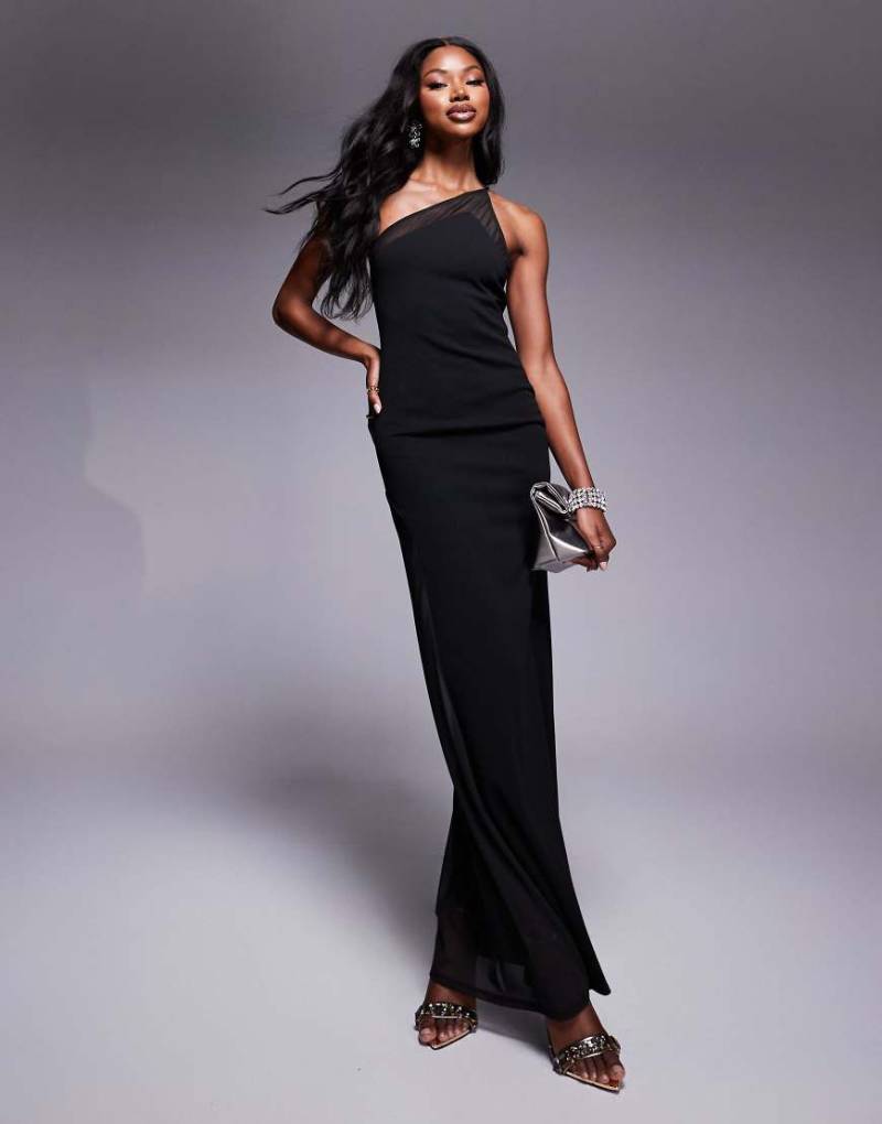 ASOS DESIGN - Maxikleid in schwarzer Neopren-Optik mit One-Shoulder-Träger und durchsichtigem Netzstoff-Einsatz von ASOS DESIGN