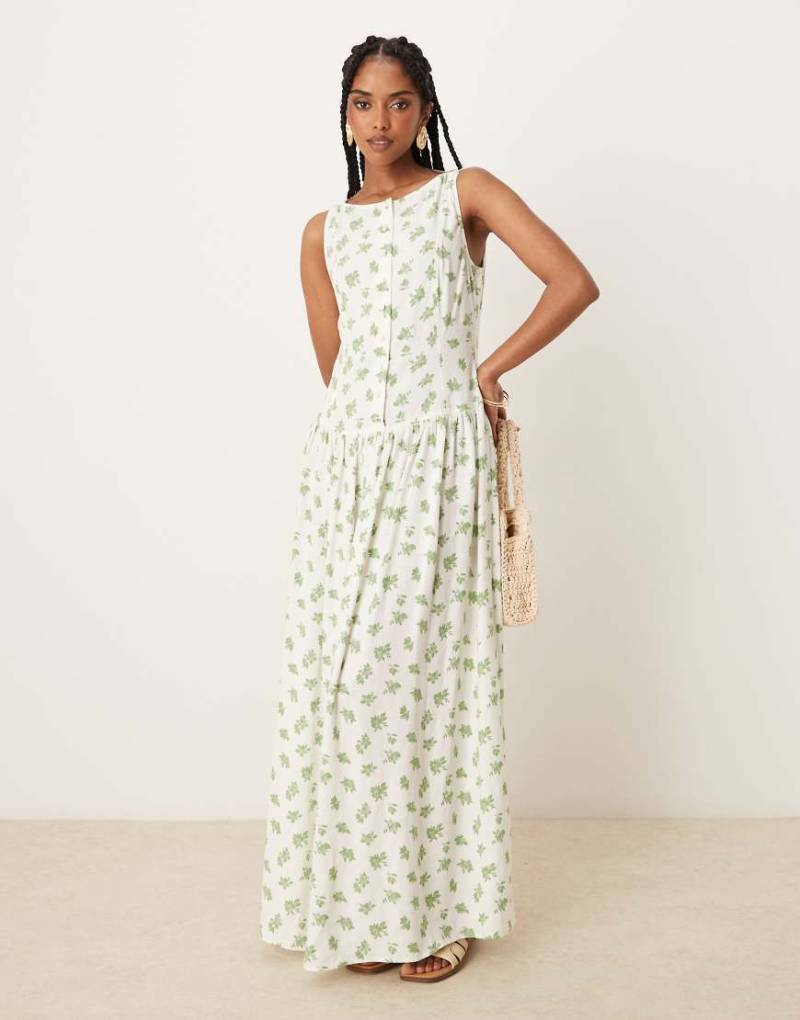ASOS DESIGN - Maxikleid mit U-Boot-Ausschnitt, tief angesetzter Taille, Knopfleiste und grünem Blumenmuster-Bunt von ASOS DESIGN