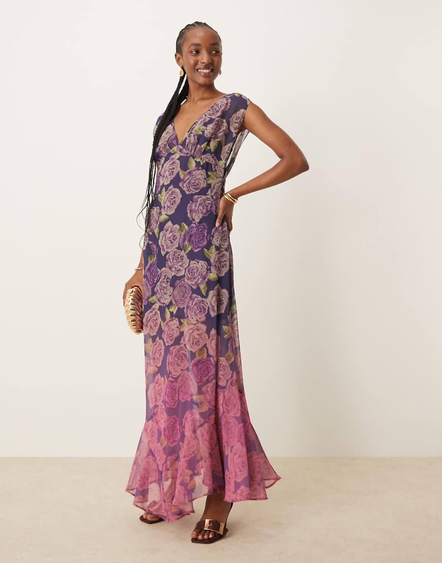 ASOS DESIGN - Maxikleid mit V-Ausschnitt, Blumenmuster und Farbverlauf-Bunt von ASOS DESIGN