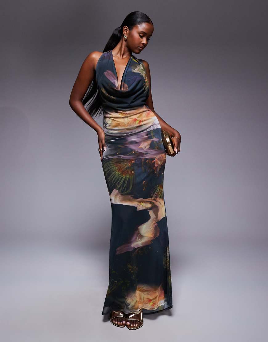 ASOS DESIGN - Maxikleid mit blauem Print und tiefem Wasserfallausschnitt-Bunt von ASOS DESIGN