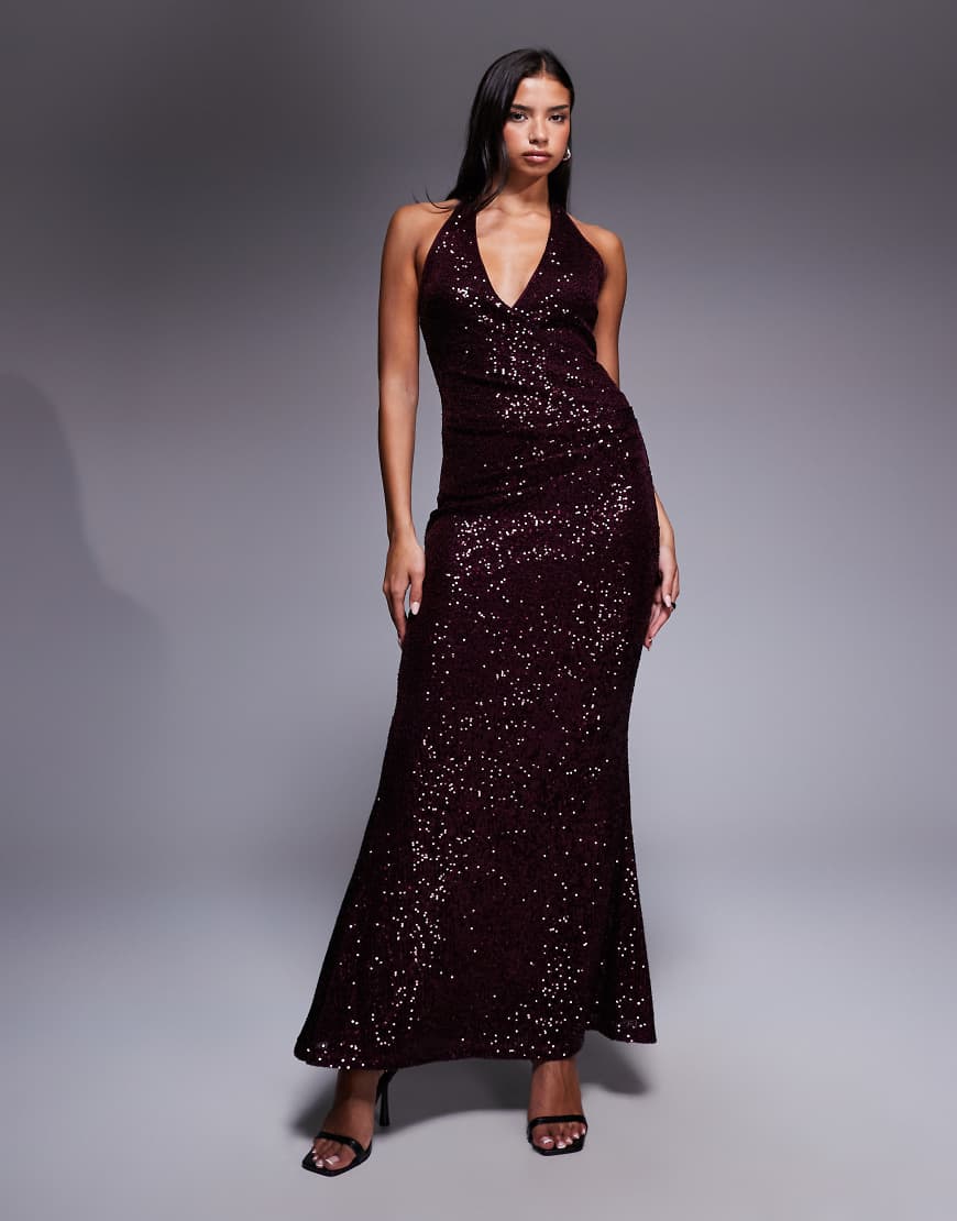 ASOS DESIGN - Maxikleid mit durchgehendem Paillettenbesatz in Burgunderrot mit tiefem Ausschnitt von ASOS DESIGN