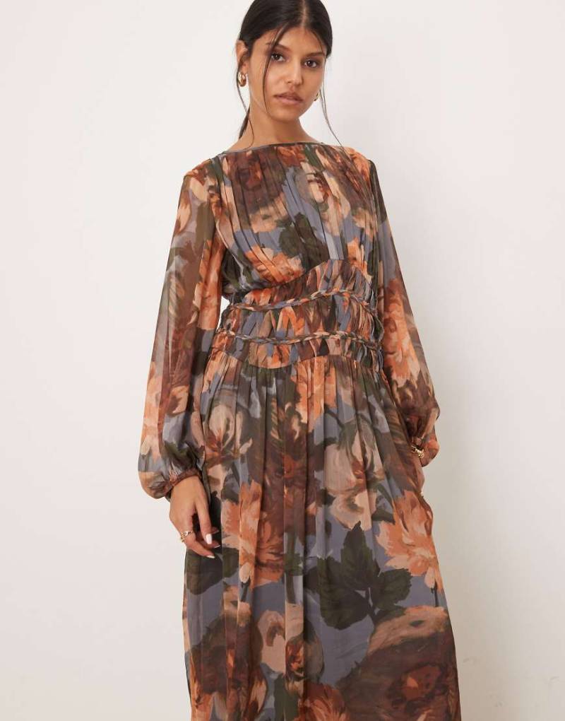 ASOS DESIGN - Maxikleid mit großflächigem Blumenmuster und Makramee-Taille-Bunt von ASOS DESIGN