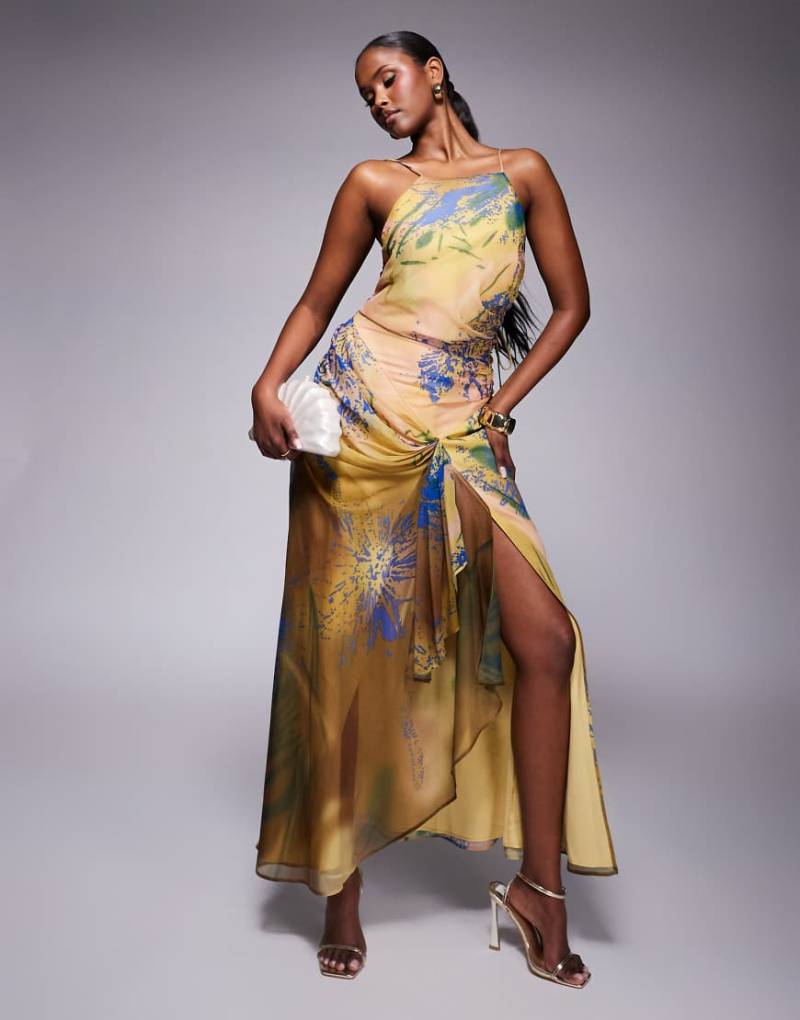 ASOS DESIGN - Maxikleid mit schmalen Racerback-Trägern und drapiertem Rock mit abstraktem Blumenmuster-Bunt von ASOS DESIGN