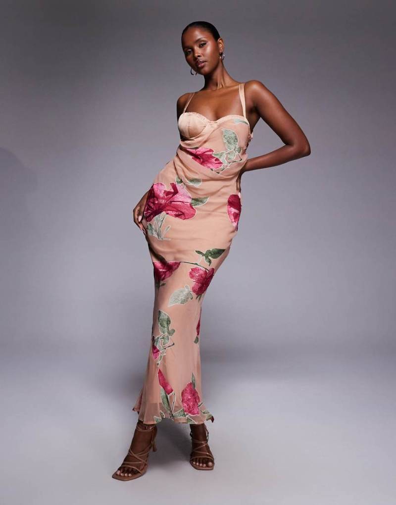 ASOS DESIGN - Maxikleid mit übergroßem Ausbrenner-Blumenmuster und Korsett-Design-Bunt von ASOS DESIGN